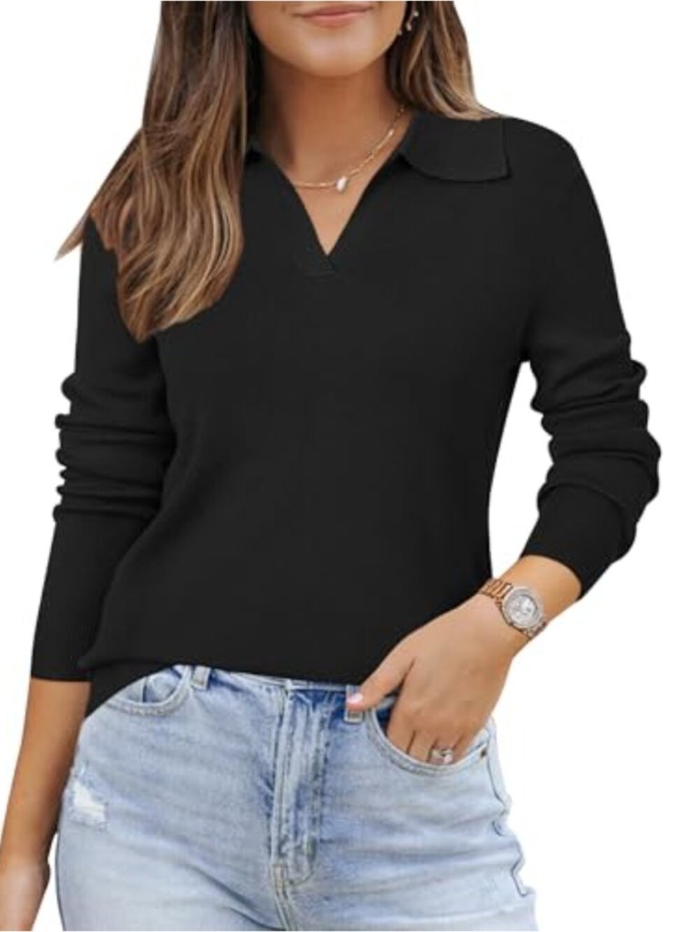 Wool Blend Long Sleeve Sweater with Collar, Business Casual Pullover